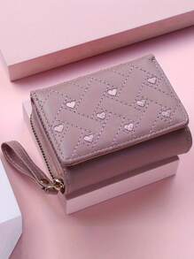 Furlong Lach 1 pieza Cartera corta de mujer con bordado en forma de corazón, cierre de cremallera versátil y sencillo, monedero con gran capacidad, cartera de mujer de tres pliegues con portador de tarjetas, mini cartera, cartera pequeña para mujer