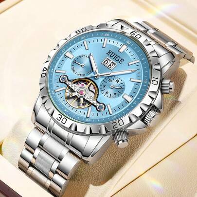  RUIGE时尚男士全自动机械表，日历夜光不锈钢男士运动手表