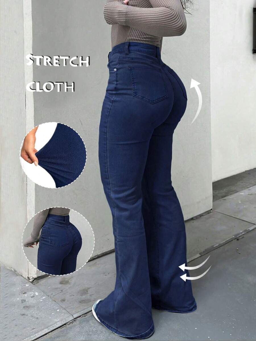 Bootcut Women Jeans Solid Color High Slim Fit Waist Stretch Casual Versatile - Dark Wash - View 1