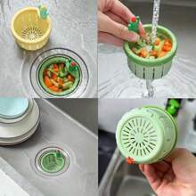 2pcs Cactus Kitchen Sink Drain Strainer Push Automatic Dump Basket Kitchen Garbage Collection Filter Multifunctional Household Sink Drain Basket (Green&Yellow)