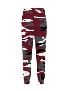 Fashionable Women Camouflage Print Drawstring Casual Pants - Burgundy - View 3