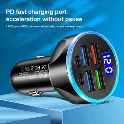 Nuokaiqi Adaptador de cargador de coche Nuokaiqi 6 en 1 con pantalla - Puertos USB y PD, compatible con encendedor de cigarrillos, adaptador de cargador de coche, encendedor de cigarrillos, cargador USB