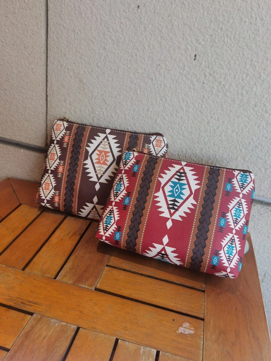 PVC 化妆包，旅行化妆品收纳盒，时尚波西米亚风化妆品收纳盒，图案便携式护肤品收纳袋 - 酒紅色 - 查看 1