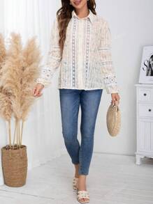 Eilly Bazar Women's Collared French Princess Sleeve Patchwork Floral Embroidery Long Sleeve Vacation Shirt, Spring/Summer