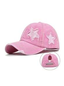 1pc Women's Embroidered Star Distressed Ponytail Baseball Cap, Outdoor Adjustable Sun Protection Casual Hat For Spring Autumn Travel Beach Holiday, Y2K Style Youth Cap For Men