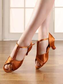 Ladies Latin Dance Shoes, T-Belt Design, Brown Salsa Dance Shoes, Ballroom Performance Practice Dance Shoes, Dancing Sandals - Brown - View 5