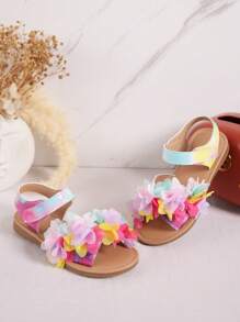 1 Pair Girls Colorful Floral Breathable Hook And Loop Flat Princess Sandals, Suitable For Summer