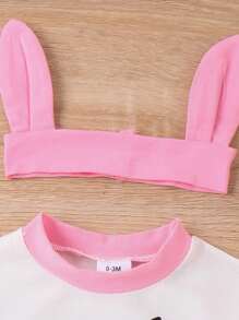 Baby Easter Outfit, Short Sleeve Crew Neck Letters Print Bodysuit With Bunny Ears Headband For Girls Boys