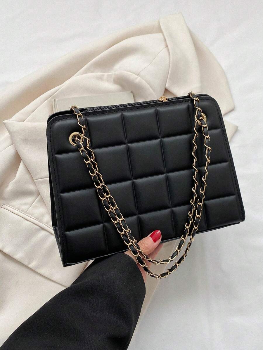 New Fashionable Solid Color PU Leather Plaid Square Bag, Elegant Versatile Business Commuting Office Metal Chain Crossbody Bag, Vintage Large Capacity Travel Vacation Underarm Bag, Casual Outdoor Shopping Handbag, Women Shoulder Bags For Holiday Gifts - Multicolor - View 1
