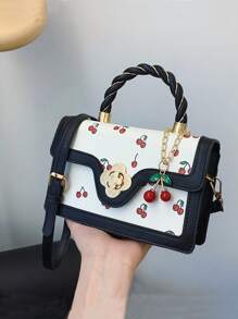 Burgundy Red,Anchor Red,Bordeaux Red,Ruby Red,Maroon,Crimson,Cherry Color Burgundy Fashionable High-End Ladies Square-Shaped PU Handbag, Multifunctional Cute Cherry Printed Shoulder Bag, Suitable For Shopping, Dating, Crossbody Bag For Girls, Kawaii Cherry Elements - Multicolor - View 15