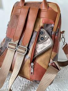 Vintage Style Splices Pu Soft Leather Women Backpack Purse, Fashion Day Bag, Multi-Pocket Convenient Travel Bag, Simple Large Capacity School Bag, Suitable For Students, Travel Vacation, Camping, Hiking, Business Trip, Daily Commute, Shopping, Office, Dating, Birthday Gifts, Holiday Gifts