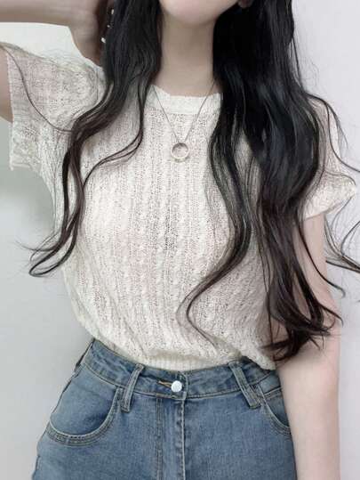 女士休闲纯色针织短袖T恤，夏季