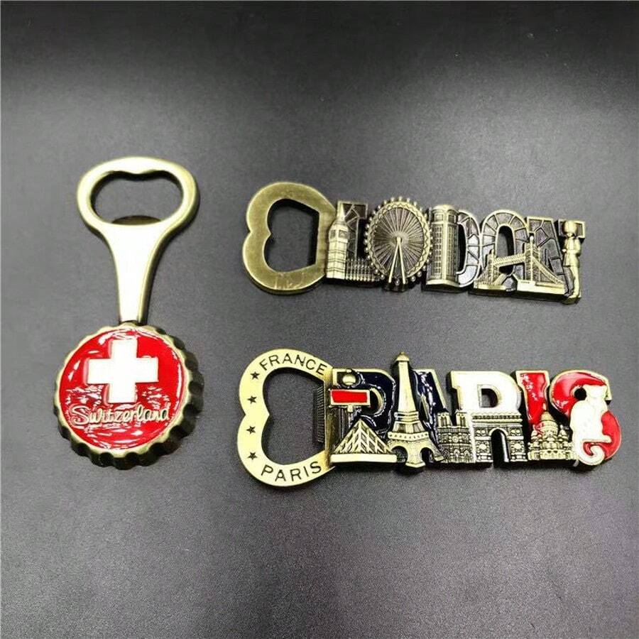 High-End Metal 3D Bottle Opener With Personalized Magnetic Architecture Fridge Magnet Souvenir, Unique Traveling Gift - Multicolor - View 1