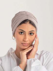 1pc Fashion Turban. Double-Layered, 4-Way Stretch, No Pins Or Magnets. Natural Folds Show Your Slimming Face. Adds Volume & Keeps Your Bun Secure. One Size Fits Most Women. - Gray Beige - View 3