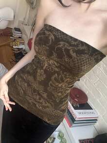 Vintage Printed Tube Tops For Women Fashion Streetwear Sleeveless Backless Vest Gothic 2000s Camisole Grunge Fairycore - Brown - View 4