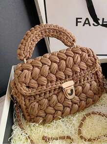 1 件手工钩编花卉条纹女士手提包，时尚休闲手提包，配有可拆卸链带，多功能大容量，适合日常使用和派对，送给朋友的礼物 - 彩色 - 查看 3