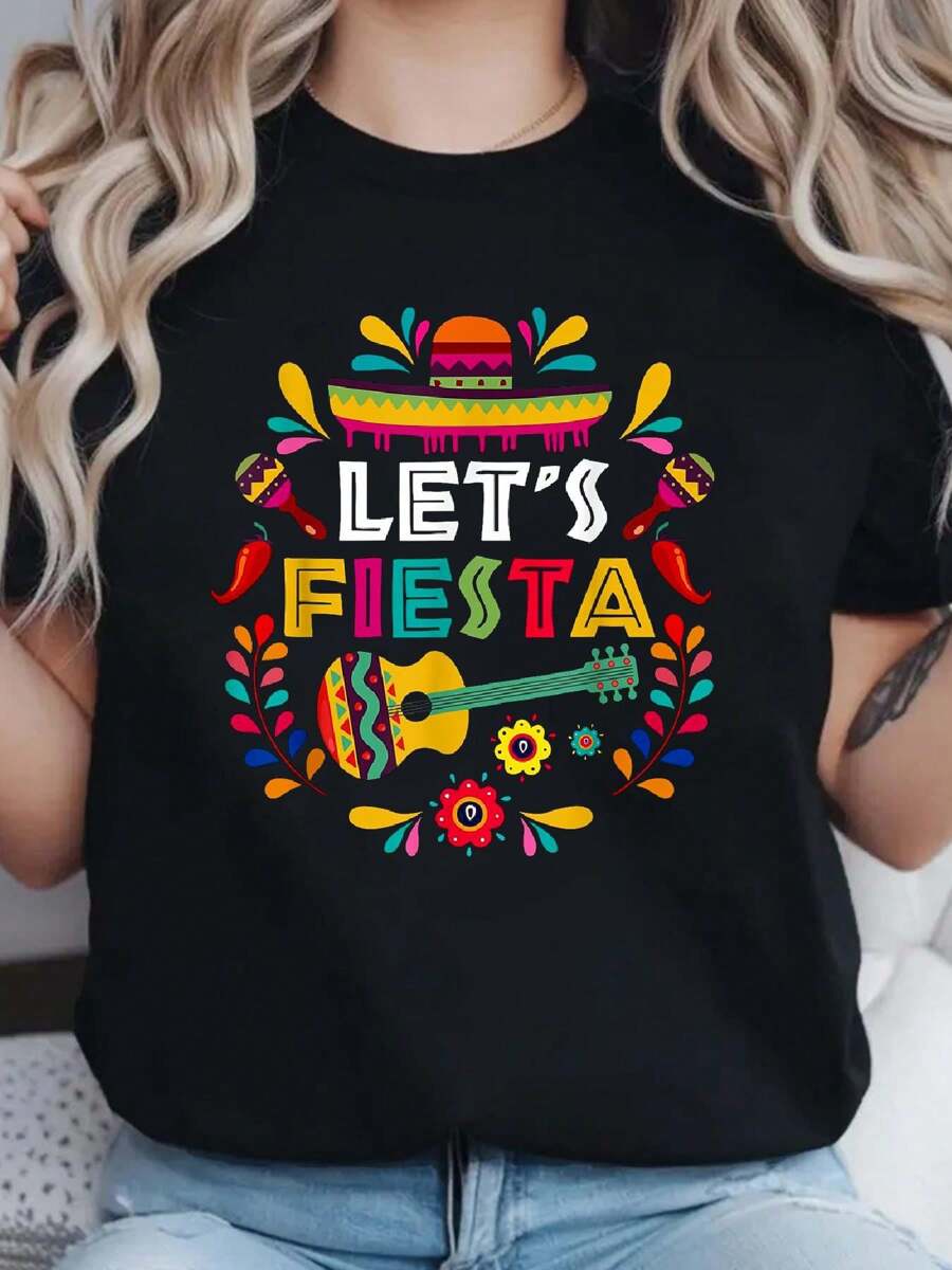 Lets Mexican Fiesta Cinco De Mayo Party Colourful Guitar Fun T-Shirt - Fashionable, Casual, Breathable And Comfortable Round-Neck Printed Short-Sleeved T-Shirt, 100% Cotton T-Shirt - 黑色 - 查看 1
