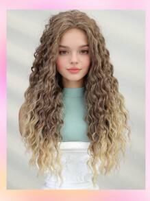 TOIPSHE Stilvolle 26-Zoll Farbverlauf Gold Mittelteil Kleine Locken Synthetische Hitzebeständige Faser Perücke für Frauen, perfekt für Ferien-Partys und den Alltagsgebrauch