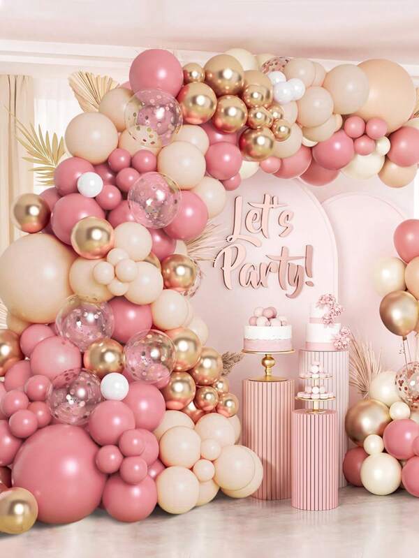 107pcs Vintage Pink Golden Orange Confetti Latex Balloons, Perfect For Birthday Decor Party Decorations, Birthday Gifts Party Favor, Gender Reveal Decoration Wedding Decor Babe Shower Decor, Home Decor, Room Decor, Wall Background Photography Background Party Decoration, Decorative Balloon Arch Kit
