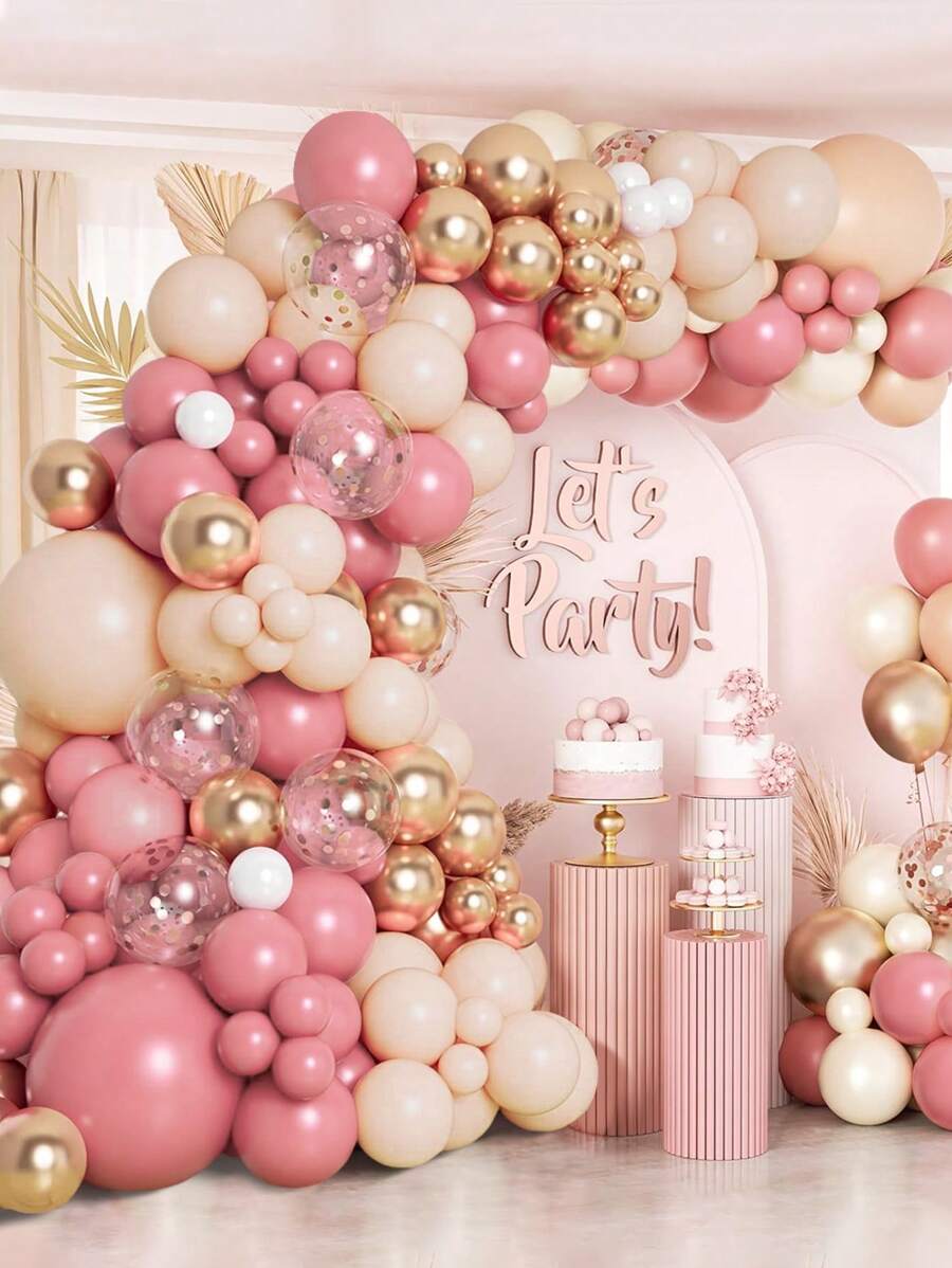 107pcs Vintage Pink Golden Orange Confetti Latex Balloons, Perfect For Birthday Decor Party Decorations, Birthday Gifts Party Favor, Gender Reveal Decoration Wedding Decor Babe Shower Decor, Home Decor, Room Decor, Wall Background Photography Background Party Decoration, Decorative Balloon Arch Kit