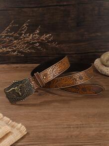 1pc Unisex Retro Western Cowboy Animal Buckle Embossed PU Leather Belt, Fashionable All-Match Suitable For Jeans, Skirts And Year-Round Wear - Multicolor - View 2