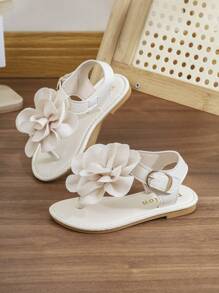 Toddler/Little Girls' 2025 Summer New Fashion Versatile Round Toe Thong Sandals With Large Flower, Flat, Anti-Slip For Beach & Home Wear