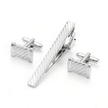 1 paar rechthoekige gebogen lasergestreepte klassieke zakelijke jurk manchetknopen (2 manchetknopen), cadeau voor volwassen mannen, Vaderdag, matte zilveren manchetknopen en stropdasclipset