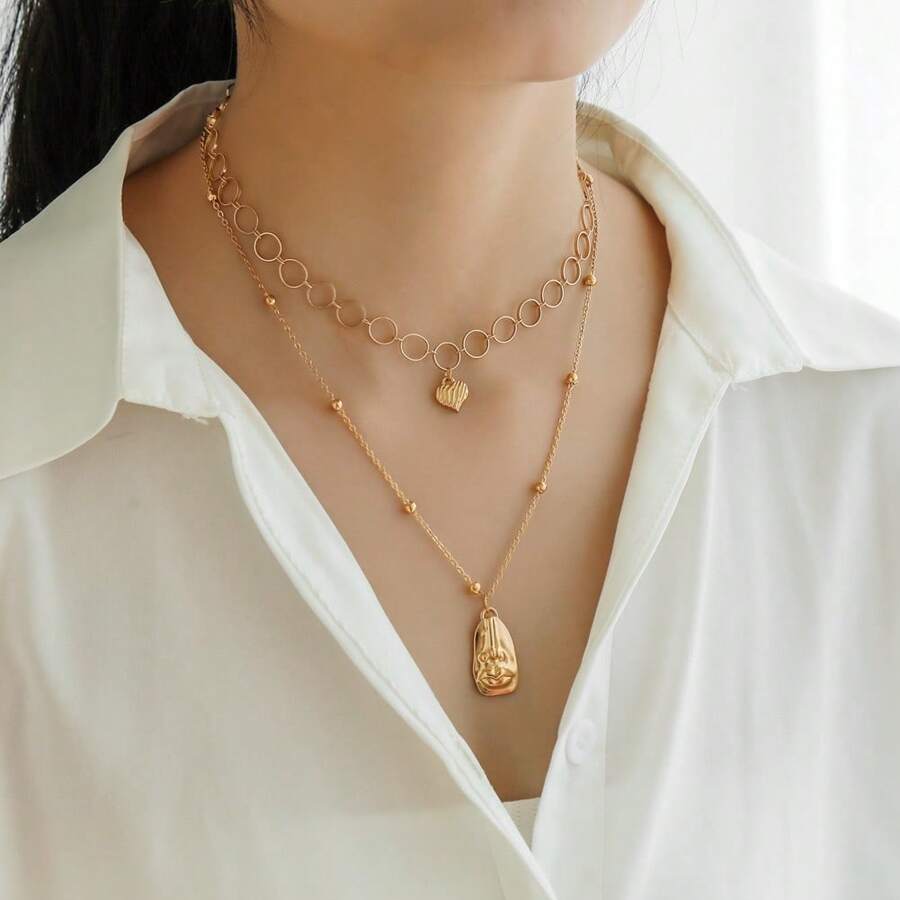 Double Layer Heart Pendant Necklace, Suitable For Daily Wear - Gold - View 1