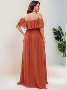 EVERPRETTY Plus Size Women's Solid Color Ruffle Off Shoulder Elegant Bridesmaid Dress - Burnt Orange - View 2