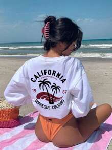 女士字母印花休闲度假圆领 T 恤，夏季 - 白色 - 查看 6