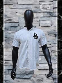 Camisa a rayas, grafico letras bordado, cuello redondo, botones, manga corta para hombre - Gris Claro - Ver 2