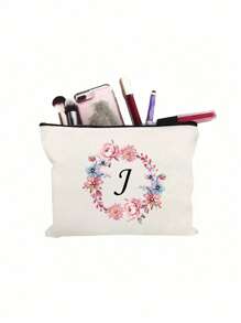 1pc Fashion Simple Printed Patchwork Youth Cosmetic Bag, White Small Bag, Peony Wreath Black Letters A-Z, Cosmetic Bag, Portable Toiletry Bag, Birthday Gift, Reusable Cosmetic Bag, Simple Large Capacity Travel Cosmetic Bag For Teenagers, Earphones, Accessories Storage, Coin Purse, Multifunctional Portable Youth Gift, Portable Leisure Storage Bag,