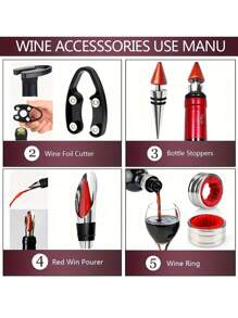 3/5pcs Personalized Creative Red Wine Opener Set, Best Wine Tool Kit: Including Corkscrew, Foil Cutter, Drip Ring, Wine Pourer And Bottle Stopper, Ideal For Home Party, Family Gathering, Great Gift For Colleagues, Husband, Boyfriend, Father's Day, Anniversary, Multi-Functional, Adjustable, Easy To Clean, Stylish, Adorable, High-Quality, Ideal Gifts For Him, Ideal Gifts For Her, Her, Girlfriend, Dining Room, Bathroom, Living Room, Bedroom, School, Office, Tea Room, Home, Garden,Brunch-Ready