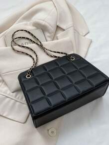 New Fashionable Solid Color PU Leather Plaid Square Bag, Elegant Versatile Business Commuting Office Metal Chain Crossbody Bag, Vintage Large Capacity Travel Vacation Underarm Bag, Casual Outdoor Shopping Handbag, Women Shoulder Bags For Holiday Gifts - Multicolor - View 7