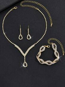 4 pièces / set Collier, boucles d'oreilles et bracelet entièrement sertis de strass en forme de V
