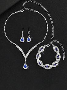 4 pièces / set Collier, boucles d'oreilles et bracelet entièrement sertis de strass en forme de V