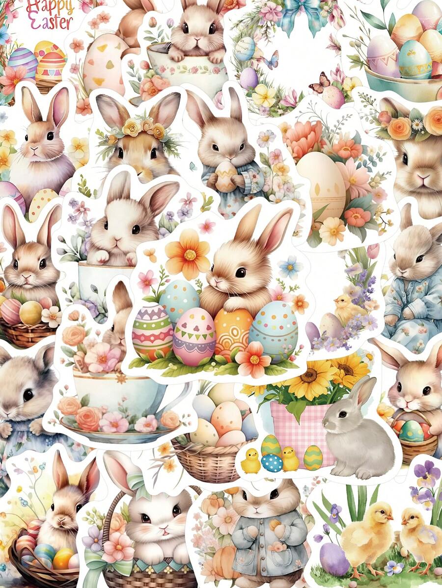 50pcs Easter Egg Bunny Stickers Easter Material Stickers Handbook Book Cute Bunny Diy Material Decorative Stickers,School Supplies,Back To School