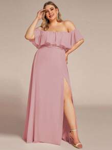 EVERPRETTY Plus Size Elegant Solid Color Off Shoulder Split Bridesmaid Dress - Baby Pink - View 4