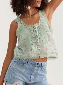 Women Lace Trim Vest Tank Tops Semi Sheer Tie Button Front Crop Y2K Going Out Tops Cute Summer Cami Shirt - 綠色 - 查看 6