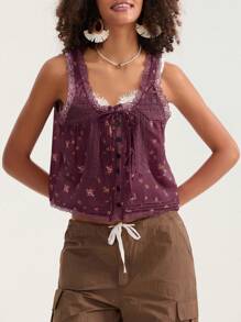 Women Lace Trim Vest Tank Tops Y2K Fairy Sleeveless Tie Button Front Sheer Mesh Crop Tops Summer Going Out Tops Cute Loose Fit Cami Shirt  Aesthetic Clothes - 摩卡棕 - 查看 5
