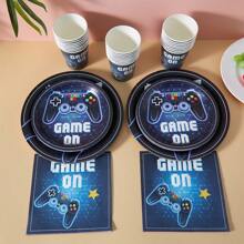 96 件/套电子游戏主题一次性派对餐具，包括杯子、盘子、餐巾，适合 24 位客人，非常适合游戏玩家、体育迷、生日派对、婚礼、庆典 - 彩色 - 查看 3