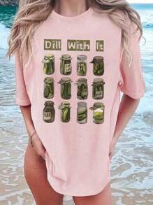 夏季休闲印花圆领短袖T恤，适合女孩和儿童 - 美味的罐装黄瓜和色彩缤纷的T恤，为每个孩子带来快乐！童装，女孩图案T恤，夏季上衣，青少年服装 - 粉色 - 查看 9