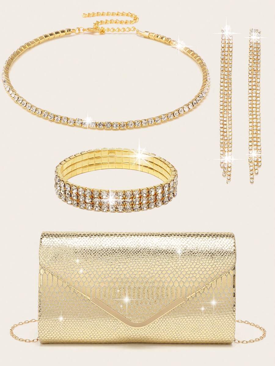 女士水钻首饰 水钻首饰套装 闪亮项链 耳环 手链套装 闪亮钱包 手提包 蛇形 V 型翻盖信封包 手提宴会包 手提包 女士舞会手提包 金属链条手提包 婚礼派对手提包 酒会婚礼 新款钱包 宴会包 晚礼服 女士新娘晚礼服舞会 - 金色 - 查看 1