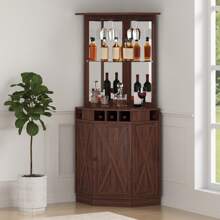 KFFKFF Corner Industrial Bar Cabinet, Wine Table For Liquor & Glasses, Sideboard Buffet Cabinet With Glass Holder, Freestanding Farmhouse Wood Coffee Bar Cabinet For Living Room, Home Bar, Black Walnut
