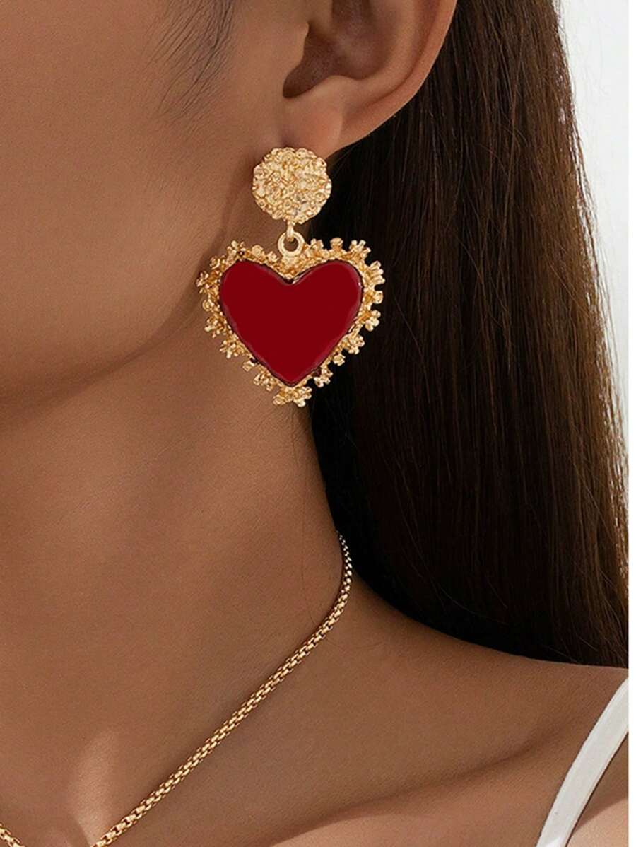 1 Pair Fashionable, Elegant Red Heart Pendant Earrings For Women, Suitable For Daily And Date Outfits