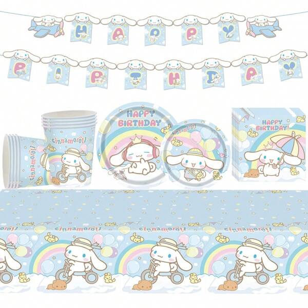 Sanrio Suministros para decoración de fiesta de cumpleaños con tema de Sanrio Cinnamoroll, incluye mantel, platos, vasos de papel, servilletas de papel, bolsas de regalo, decoración para tarta, juego de globos, figuras de dibujos animados y anime, artículos desechables para mesa.