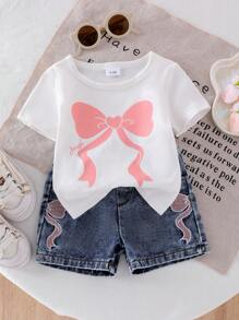 2pcs/Set Baby Girl Round Neck Short Sleeve Bow Printed T-Shirt And Embroidered Bow Denim Shorts Set