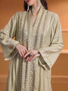 女士 V 领优雅刺绣亮片装饰阿拉伯长裙，端庄卡夫坦 - 軍綠色 - 查看 3