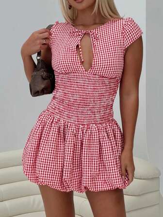 女士时尚休闲红色格子 V 领系带迷你连衣裙