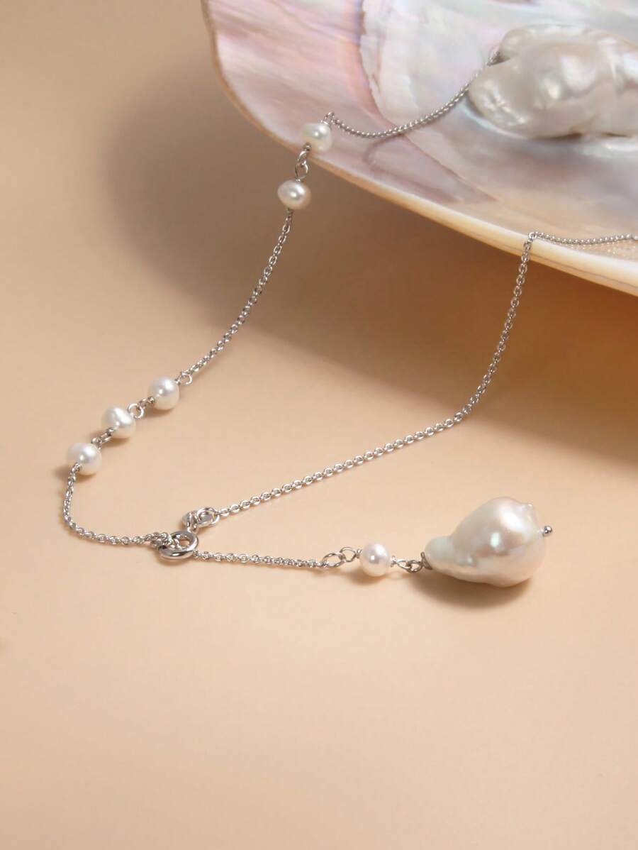 1pc 925 Sterling Silver Natural Pearl Necklace For Women